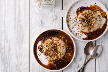 panna cotta with sauce and nuts