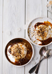 panna cotta with sauce and nuts
