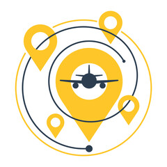Air travel emblem - airplane with GPS pin