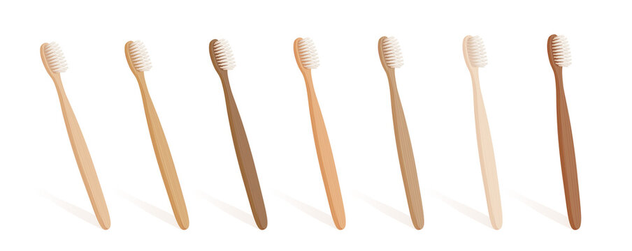 Wooden toothbrush set with different natural colors and wood textures. Isolated vector illustration on white background.
