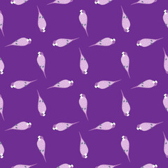 Geometric abstract seamless pattern with parrot doodle print. Purple background. Zoo backdrop.