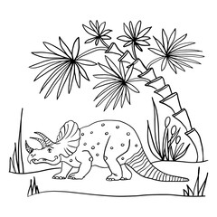 Triceratops. A series of prehistoric dinosaurs. Fossil animals in contour style