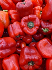 lot of red bell pepper in the market closeup photo