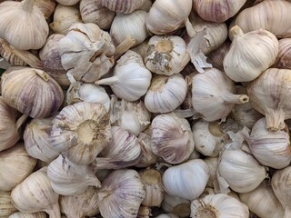 lot of garlic in the market closeup photo