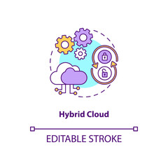 Hybrid cloud concept icon. SaaS deployment model idea thin line illustration. Scaling computing resources. Providing cloud resources. Vector isolated outline RGB color drawing. Editable stroke