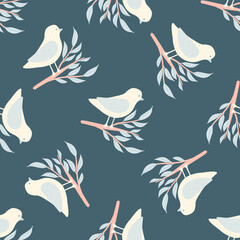Seamless vintage pattern with white birds ornament on branches shapes. Blue background.