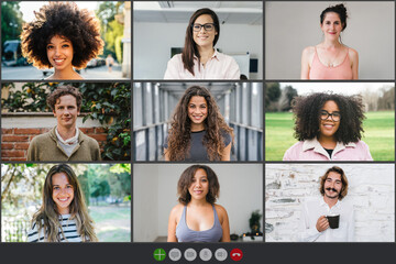 Screenshot of video call of group of young friends that live far away - Millennials having fun together speaking with use device with webcam - People stay in touch with each other