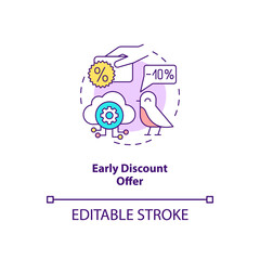 Early discount offer concept icon. Free SaaS trial idea thin line illustration. Pricing discounts for revenue growth. Limited-time offer. Vector isolated outline RGB color drawing. Editable stroke
