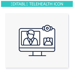 Video telephony line icon. Video conference call with doctor. Telehealth medical care. Virtual medical consultation. Telemedicine, health care concept. Isolated vector illustration. Editable stroke 