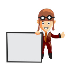 pilot character Holding Blank Board illustration use helmet headphones and glasses