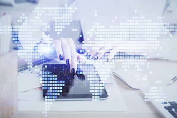 Double exposure of business theme sketch hologram and woman holding and using a mobile device.