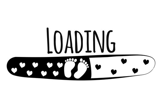 Loading with baby footprint and hearts, cute greeting with coming soon newborn for pregnant mother. Monochrome print, poster isolated on white background.