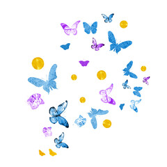 Flock of silhouette butterflies on white