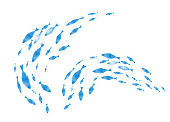 Silhouettes of groups of  fishes on white. Watercolor