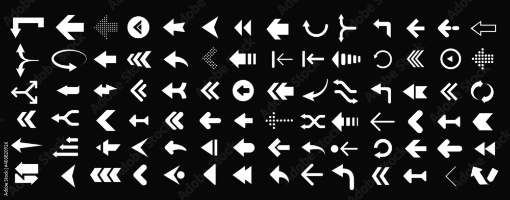 Poster arrows web collection on black. modern graphic direction signs computer screen curves arrows vector 