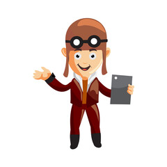 pilot Holding Tablet Phone character illustration use helmet headphones and glasses