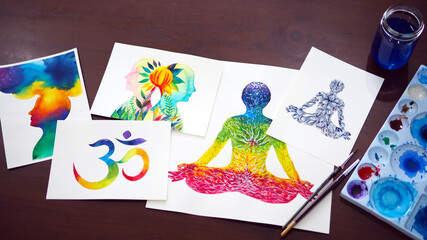 Fototapeta premium chakra human lotus pose yoga abstract mind mental power watercolor painting illustration design hand drawing selected focus.