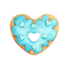 A heart-shaped doughnut with blue icing and sprinkles. Watercolor illustration of a cute bagel isolated on a white background. doughnut clipart for romantic food print design