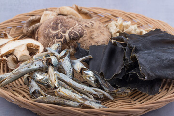 Dried Anchovy and Kelp and Shiitake mushrooms. Ingredient of broth.