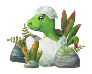 A green baby dinosaur hatched from an egg in the jungle. Cartoon print with a tyrannosaurus in a shell. Children's watercolor illustration, on a white background. Cute character with animals