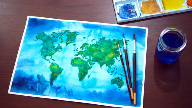 world map watercolor painting art illustration design hand drawing selected focus