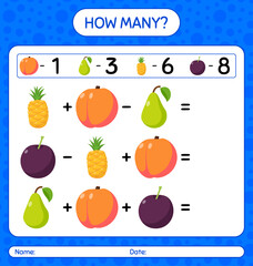 How many counting game with fruit. worksheet for preschool kids, kids activity sheet, printable worksheet