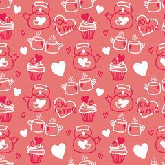 Valentines Day doodle Seamless pattern of hand drawn elements with heart shape for girls and boys textile, wallpaper, Greeting card