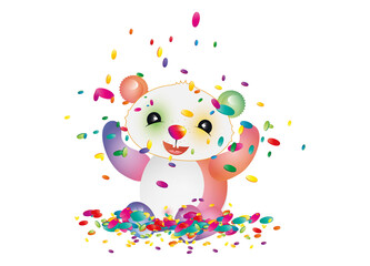 fröhlicher bunter Konfetti Bär wirft mit Konfetti