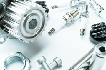 Mechanic part. Set of new metal car part. Auto motor mechanic spare or automotive piece isolated on white background. Repair and vehicle service.