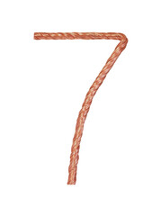 number 7 made of copper wire  isolated on white background