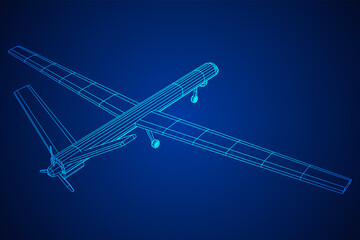 Military drone combat unmanned aerial vehicle. Recon aircraft plane. Wireframe low poly mesh vector illustration.