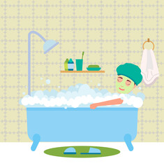 Man having bath. Guy sitting in bathtub with foam and the mask on his face vector illustration. Morning routine concept. Young man in the bathroom takes care of his body. Bathroom interior design