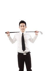 Business people holding a golf club