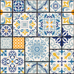 Seamless colorful patchwork tile with Islam, Arabic, Indian, ottoman motifs. Majolica pottery tile. Portuguese and Spain decor. Ceramic tile in talavera style. Vector illustration.	
