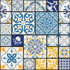 Seamless colorful patchwork tile with Islam, Arabic, Indian, ottoman motifs. Majolica pottery tile. Portuguese and Spain decor. Ceramic tile in talavera style. Vector illustration.	
