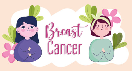 Breast cancer cartoon young women characters flowers card