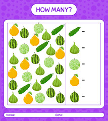 How many counting game with fruit. worksheet for preschool kids, kids activity sheet, printable worksheet