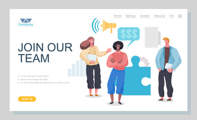 Landing page template Join our team business concept. Group of business people in workflow. Business partnership relation concept. Business conversation and professionals communication flat design