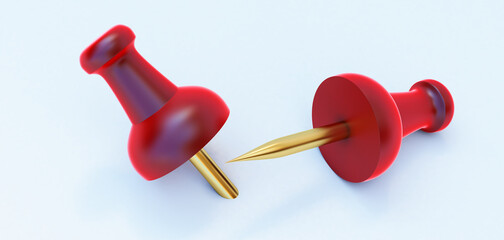 3D render of Red pushpin, Realistic 3d push pins pinned in different angles isolated on white.