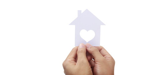 Fototapeta na wymiar Hands holding paper house, family home protecting insurance concept