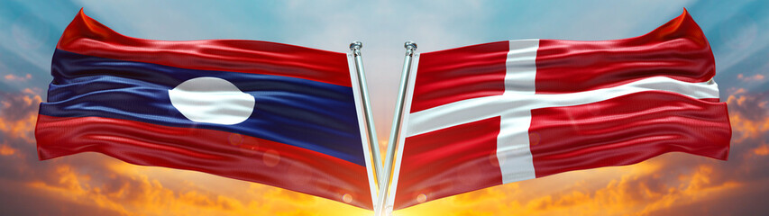 Fototapeta na wymiar Denmark Flag and Laos flag waving with texture sky Cloud and sunset Double flag