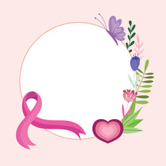 Breast cancer pink ribbon heart flowers butterfly decoration label