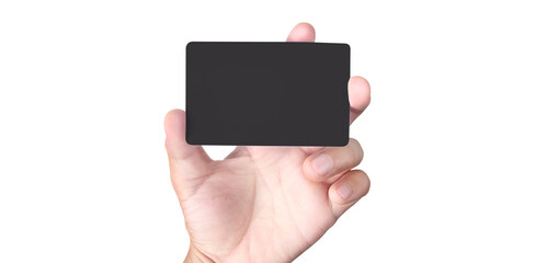 Close up of hand holding blank black card. Credit card in hand