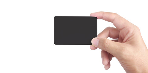 Close up of hand holding blank black card. Credit card in hand