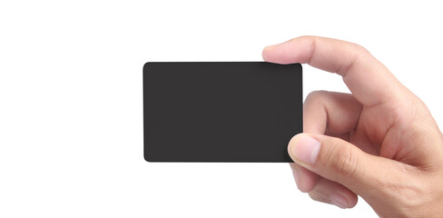 Close up of hand holding blank black card. Credit card in hand