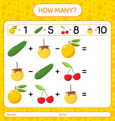 How many counting game with fruit. worksheet for preschool kids, kids activity sheet, printable worksheet