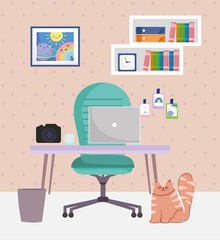office and working from home interior desk chair camera laptop cat and trash can