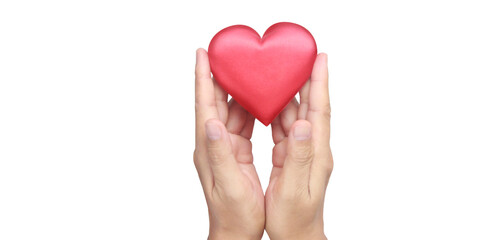 Hands holding  red heart. heart health donation concepts