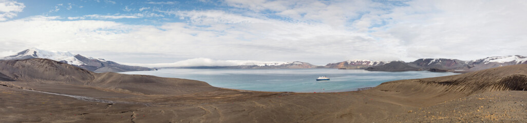 Panorama of Telefon Bay within the crater of Deception Island in the South Shetland Islands.