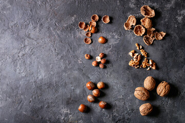 Varieties of nuts: hazelnuts and walnuts